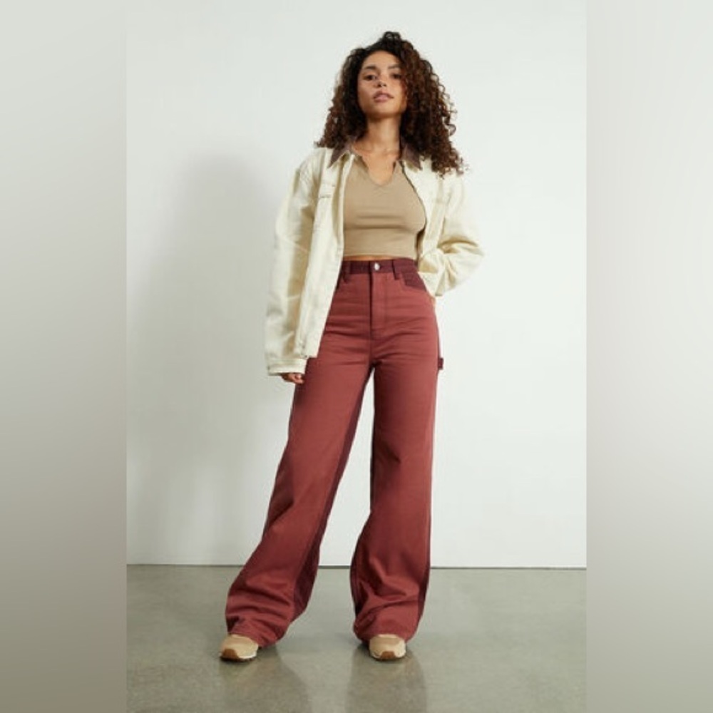 Maroon Burgundy High Rise wide leg baggy Flare Carpenter Jeans Pants twotoned 24 - Picture 4 of 11